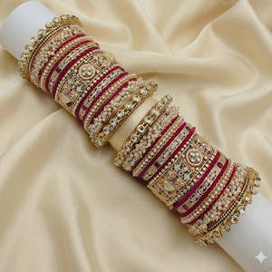 Gold Plated Pearl and Kundan Meenakari Velvet Chuda Bridal <b>Bangles</b> <b>Set</b> - Product Image 1