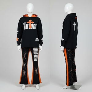 Ensemble de survêtement unisexe noir et orange pour l'hiver, imprimé sur mesure, à capuche, décontracté, léger, deux pièces, tenue streetwear, 100% coton - Product Image 1