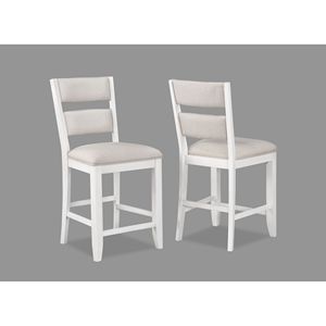 Set di 2 sedie da pranzo bianche in stile rustico con schienale a scala, altezza bancone, seduta e schienale imbottiti color crema, in legno - Product Image 1