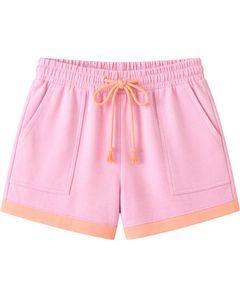 Ensemble de détente rose pour femme, t-shirt à manches courtes et short avec bordure contrastante pêche, tenue deux pièces en mélange de coton doux et respirant - Product Image 2