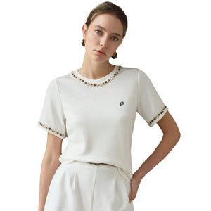 Trendy Round Neck Embellished Short Sleeve <b>Top</b> Women's Shirts Custom Logo <b>Beaded</b> Trim Elegant Luxury Summer Clothing Fashion <b>Top</b> - Product Image 1