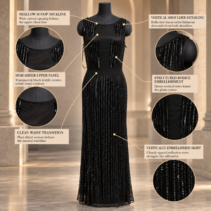 Robe de soirée noire à sequins verticaux, col rond, avec panneau transparent |   Robe de soirée fourreau sans manches, longueur ras du sol, silhouette droite - Product Image 5