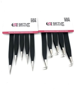 Nouvelles pinces à extensions de cils GETUP en acier inoxydable de qualité supérieure, revêtement poudré noir mat à 90 degrés, pointe argentée, pointe dentelée - Product Image 3