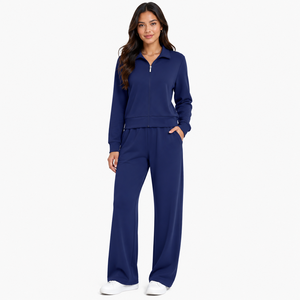 Ensemble de survêtement bleu marine pour femme, deux pièces, veste zippée à manches longues et pantalon ample à jambes larges, tenue décontractée et active - Product Image 1