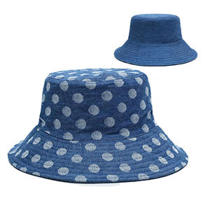 Unisex Polka Dot Denim Bucket <b>Hat</b> Spring Summer Casual Wear Blue <b>Navy</b> Cotton Yarn - Product Image 1