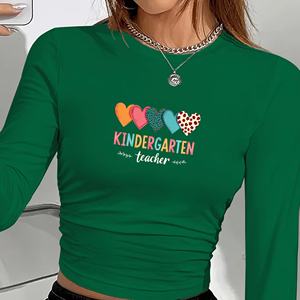 T-shirt à manches longues et col rond pour femme, style Y2K, avec imprimé d'enseignante de maternelle, tissu tricoté en polyester et élasthanne, toutes saisons - Product Image 6