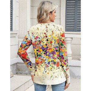Camiseta de Manga Larga para Mujer, de Alta Calidad, con Estampado de Salpicaduras de Pintura Coloridas, Corte Holgado, Cuello Redondo, Informal - Product Image 3
