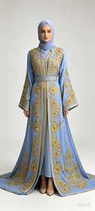 Robe Kaftan Longue en Satin Brodé pour Femme, Col en V, Manches Longues, Tenue de Soirée Formelle, Motif Vert et Doré - Product Image 6