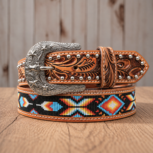 Cinturón de Cuero Granulado con Diseño Floral Estilo Western Premium para Hombre y Mujer, con Cuentas Geométricas Multicolor y Tachuelas Plateadas - Product Image 3