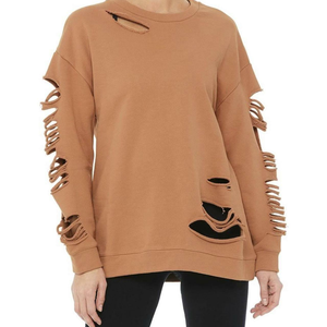 <b>Women</b> <b>Black</b> Color Distressed <b>Sweatshirts</b> Cut Out Streetwear Terry Fleece Cut Sleeves Drop Shoulder Ripped Distress <b>Sweatshirts</b> - Product Image 4