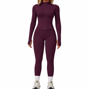 Conjunto de yoga de 2 piezas sin costuras para mujer, leggings de cintura alta y largo completo, cuello alto, cremallera frontal, manga larga, para gimnasio, fitness y entrenamiento - Product Image 1