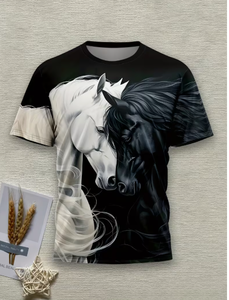 T-shirt à manches courtes pour homme, imprimé cheval noir et blanc, col rond, coupe classique, vêtement décontracté, tissu en polyester respirant - Product Image 6