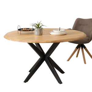 Mesa de Comedor Redonda de Madera de Acacia Sólida con Patas Metálicas en X, Diseño Moderno para Restaurante, Cocina o Comedor, Precio al por Mayor - Product Image 1