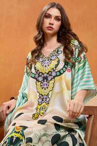 High Quality Designer Turkish Style <b>Kaftan</b> Women Polyester Handmade Batwing Sleeves V Neck Regular Fit Flared Hem Midi Party - Product Image 2