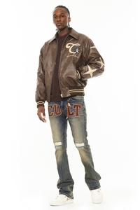 Men's Brown PU Leather Bomber Jacket Embroidered Letter C <b>Vintage</b> Style Turn-down Collar Zipper Closure - Product Image 2