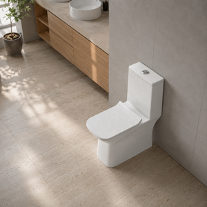 WC monobloc contemporain allongé, à poser au sol, à double chasse (S-Trap/P-Trap), facile à nettoyer, en céramique vitrifiée pour salle de bain - Product Image 2