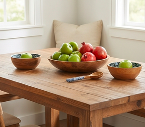 Ensemble de 2 bols en bois faits à la main avec cuillères, motif géométrique émaillé bleu sarcelle, idéal pour la maison et la table - Product Image 5