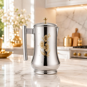 Jarra de Agua de Acero Inoxidable con Diseño Floral y Tapa, Jarra Metálica Plateada para Uso en el Hogar, Hoteles y Restaurantes - Product Image 6