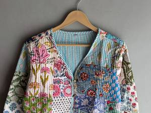 Veste en coton matelassée à imprimé floral, col en V, manches trois quarts, fermeture à un bouton, style printemps pour femme, CADEAU POUR ELLE - Product Image 2