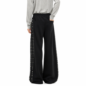 Pantalones Deportivos Anchos Negros para Mujer con Cintura Ajustable con Cordón y Adornos, Corte Holgado, Largos, Casuales, de Color Sólido, Estilo Otoñal - Product Image 2