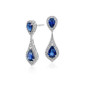 Boucles d'oreilles pendantes halo personnalisables en or 14 carats avec saphir bleu poire comme pierre centrale, collection de bijoux et élégance au quotidien - Product Image 3