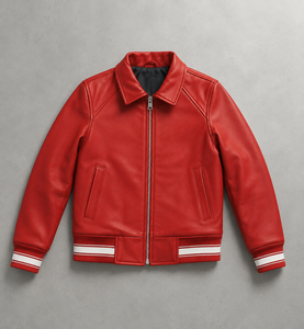 Blouson bomber en similicuir rouge pour homme avec fermeture éclair et poignets rayés blancs Coupe classique Col rabattu - Product Image 3
