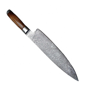 Couteau de cuisine professionnel artisanal, lame en acier à motifs durable, manche ergonomique en bois, couteau de chef en acier Damas pour la préparation des aliments - Product Image 1