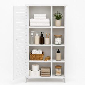 Meuble de rangement de salle de bain en teck blanc, fin et à lattes, pour vanité - Product Image 1