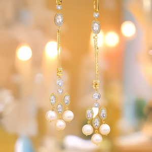 Oval Multi-Layered Drop Earrings with Zircon and Pearl Gold Plated Zinc Alloy for Party - Product Image 2