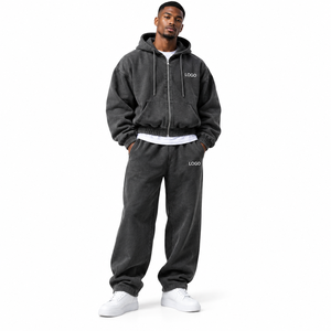 Conjunto de chándal de forro polar de 450GSM de alto gramaje, OEM personalizado para hombre, sudadera con capucha de hombro caído sin estampado y pantalones de chándal acampanados, estilo streetwear - Product Image 1