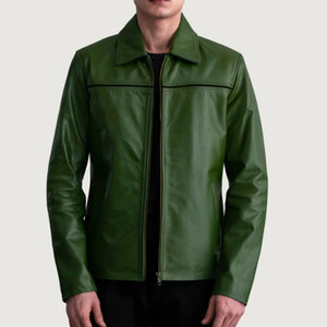 Blouson aviateur en cuir véritable vert, manches longues, col rabattu, fermeture éclair, veste d'automne pour homme - Product Image 3