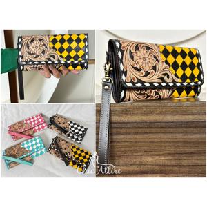 Cartera Larga de Cuero Genuino con Diseño Floral Occidental y Patrón a Cuadros, Hecha a Mano y de Lujo, con Monedero y Bolsillo para Monedas para Mujer - Product Image 1