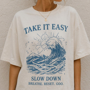 T-shirt imprimé pour femme, col rond, manches courtes, 100% coton, coupe ample, motif vague 'Take It Easy', idéal printemps-été - Product Image 3