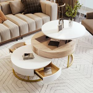 Modern Round Lift-<b>Top</b> Nesting Coffee <b>Tables</b> with 2 Drawers - Product Image 1