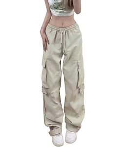 Pantalones Jogger Cargo de Algodón Beige para Mujer, Cintura Media con Cordón, Ajuste Holgado, Largos, Color Sólido, Casuales, Transpirables, de Lona, para Primavera - Product Image 1