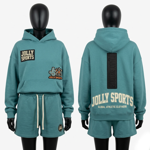 Women Hoodie Short Set Premium Cotton Polyester Fleece Teal Custom Embroidery <b>Patch</b> Puff Print Logo Hoodie Shorts Set for Women - Product Image 1