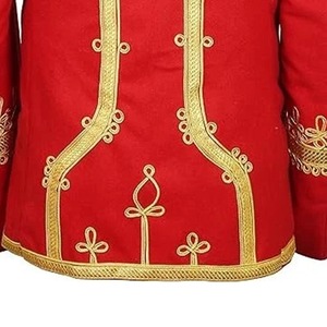 Men's Red Double Breasted Hussar <b>Jacket</b> With Gold Embroidery <b>Mandarin</b> <b>Collar</b> Formal Winter Coat - Product Image 6