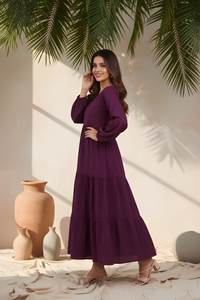 Elegante Vestido Morado de Seda con Corte Delta, Cuello en V, Manga Abullonada Completa, Largo Regular, Totalmente Cosido, Color Sólido, Estilo Occidental para Fiestas - Product Image 4