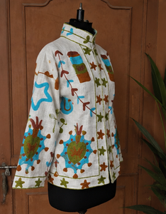 Luxury Handmade <b>star</b> mandala sunburst <b>Jacket</b> Cotton Turquoise Print White Base Hand Embroidered Look Boho Statement Jaipur Women - Product Image 5