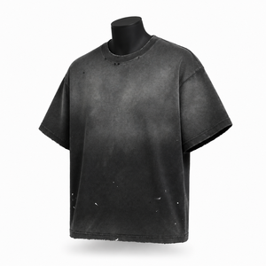 Camiseta de algodón negra lavada de corte holgado para hombre, manga corta, cuello redondo, informal, lisa - Product Image 3
