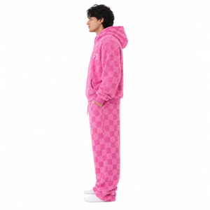 Wholesale Plush Fleece <b>Hooded</b> Sweatshirt Tracksuit Set Unisex Checker Texture <b>Zip</b> Hoodies Streetwear Relaxed Jogger Pants Bulk - Product Image 4