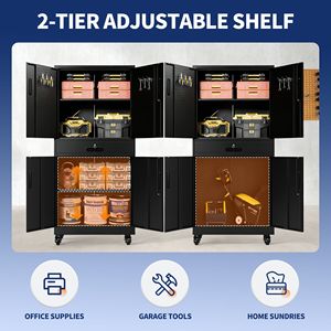Armoire de rangement de garage robuste de 71 pouces avec portes verrouillables, 2 étagères réglables et un tiroir, armoire à outils en métal - Product Image 4