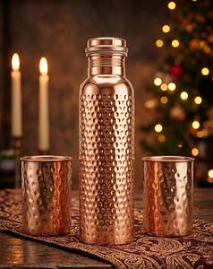 Luxury Eco-Friendly Diamond Hammered Copper Drinking Water <b>Bottle</b> with Lid Modern-Style 1000ml OEM Supplier & Manufacturer India - Product Image 1