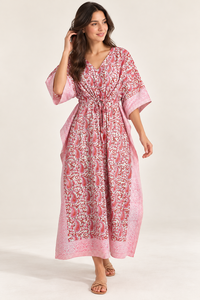 Red White Boho Kaftan <b>Dress</b> for Women Floral Print <b>Maxi</b> with Waist Tie 100% Cotton Breathable Elegant Beachwear - Product Image 2