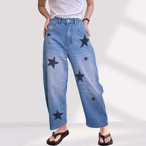 <b>Women's</b> Mid-Rise Star Printed Balloon <b>Jeans</b> Vintage <b>Baggy</b> Horseshoe Breathable Y2K Style Ankle Pants with Logo on Waist - Product Image 5