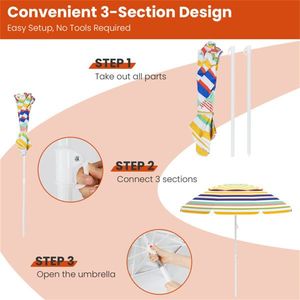 Ombrellone da Spiaggia Portatile 6.5ft UPF50+ Colorato in Poliestere con Rivestimento Argentato 3 Sezioni Facile da Montare Senza Attrezzi - Product Image 4