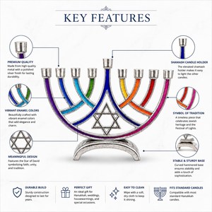 Metal Hanukkah Menorah 9 Branch Candlestick Holder Polished Finish Multicolored Tabletop Hanukkah <b>Decor</b> - Product Image 3