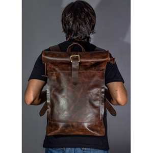Sac à dos minimaliste en cuir marron à fermeture enroulable, sac à dos en cuir de vache véritable, sac de bureau pour homme pour les trajets quotidiens LTBP-0034 - Product Image 5