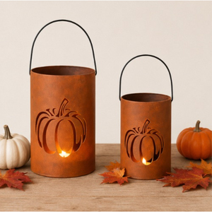 Set of 2 Metal Cutout Pumpkin <b>Lanterns</b> Farmhouse Fall Harvest Decorative Candle Holder Buckets for Halloween Party On Sale - Product Image 1