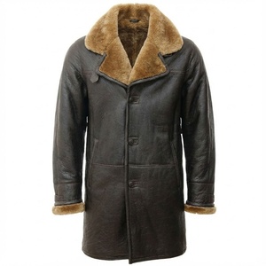 <b>Men's</b> Sheepskin Leather Trench <b>Jackets</b> <b>Shearling</b> Black Vintage Style Winter Warm Faux Fur Long leather Coat - Product Image 1